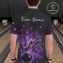 Load image into Gallery viewer, Back view of a male model wearing a black and purple bowling polo shirt with fiery bowling graphics.