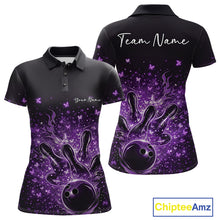 Load image into Gallery viewer, Front and back views of a black and purple womens bowling polo shirt showcasing flaming strike artwork and sparkling butterflies.