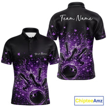 Load image into Gallery viewer, Front and back views of a black and purple mens bowling polo shirt featuring flaming strike artwork and sparkling butterflies.