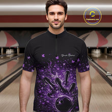 Load image into Gallery viewer, Male model in a black and purple bowling quarter-zip shirt at the lane with flames and butterfly accents.