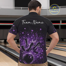 Load image into Gallery viewer, Front view of a male model wearing a black and purple bowling quarter-zip shirt with fiery bowling graphics.