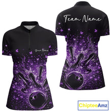 Load image into Gallery viewer, Front and back views of a black and purple womens bowling quarter-zip shirt featuring flames, striking pins, and sparkling butterflies.