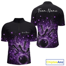 Load image into Gallery viewer, Front and back views of a black and purple mens bowling quarter-zip shirt featuring flaming strike artwork and sparkling butterflies.