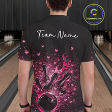 Load image into Gallery viewer, Back view of a male model in a black and pink bowling polo shirt showcasing sparkly butterfly strike graphics.