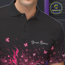 Load image into Gallery viewer, Left chest close-up of a black and pink bowling polo shirt with fiery bowling artwork and sparkling butterflies.