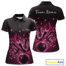 Load image into Gallery viewer, Front and back views of a black and pink womens bowling polo shirt featuring flames, striking pins, and sparkling butterflies.