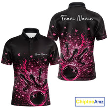 Load image into Gallery viewer, Front and back views of a black and pink mens bowling polo shirt with flames, striking pins, and sparkling butterflies.
