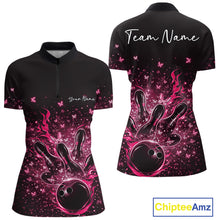 Load image into Gallery viewer, Front and back views of a black and pink womens bowling quarter-zip shirt featuring flaming strike artwork with sparkling butterflies.