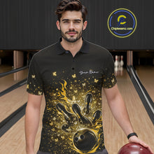 Load image into Gallery viewer, Male model in a black and yellow bowling polo shirt at the bowling lane with fiery bowling strike graphics.