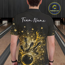 Load image into Gallery viewer, Back view of a male model wearing a black and yellow bowling polo shirt with sparkling butterfly bowling artwork.