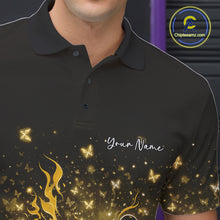 Load image into Gallery viewer, Close-up left chest detail of a black and yellow bowling polo shirt featuring flames, pins, and sparkly butterflies.