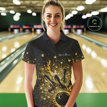 Load image into Gallery viewer, Female model in a black and yellow bowling polo shirt at the lane with fiery bowling strike graphics.