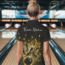 Load image into Gallery viewer, Back view of a female model wearing a black and yellow bowling polo shirt with sparkling butterfly bowling artwork.