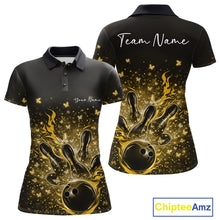 Load image into Gallery viewer, Front and back views of a black and yellow womens bowling polo shirt with flaming bowling ball and sparkling butterflies.