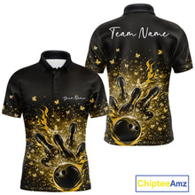 Load image into Gallery viewer, Front and back views of a black and yellow mens bowling polo shirt with flaming bowling ball and sparkling butterflies.