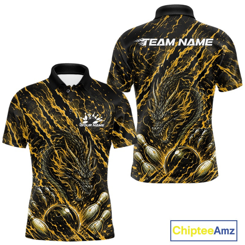 Custom yellow dragon bowling shirt with vibrant lightning accents a fierce dragon and pins
