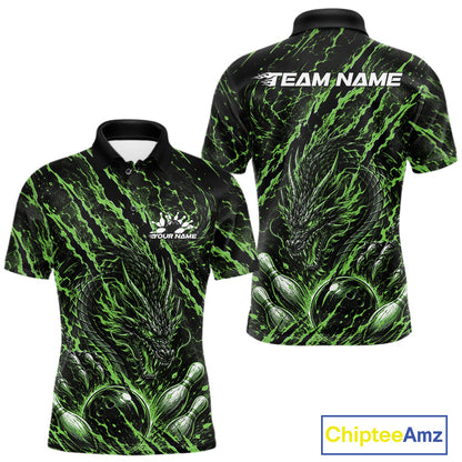 Custom green dragon bowling shirt with vibrant lightning accents a fierce dragon and pins