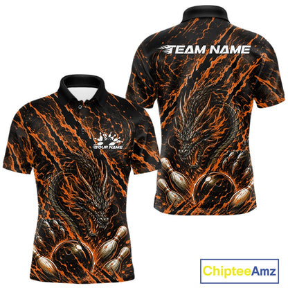 Custom orange dragon bowling shirt with vibrant lightning accents a fierce dragon and pins