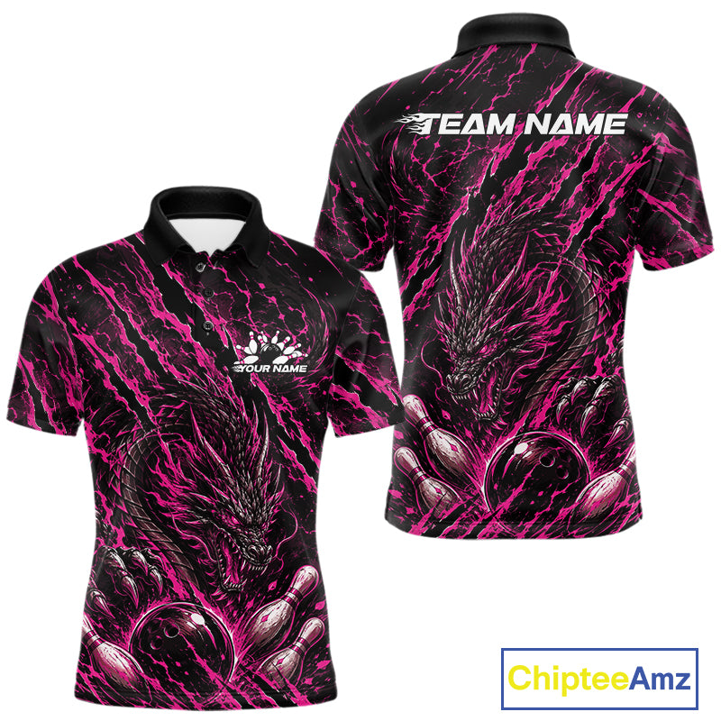 Custom pink dragon bowling shirt with vibrant lightning accents a fierce dragon and pins