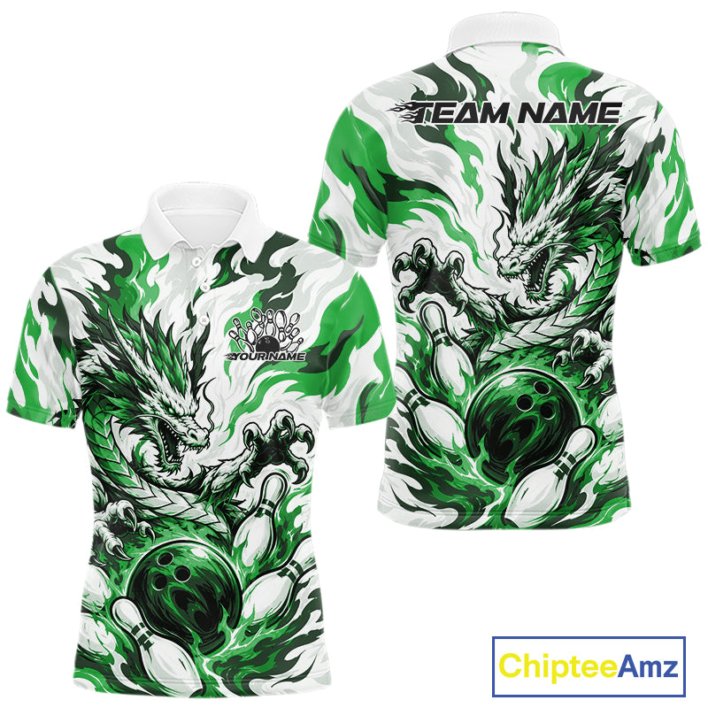 White bowling polo with green, gray, and black flame-like swirls, a dragon graphic, bowling pins, a bowling ball, and custom name text
