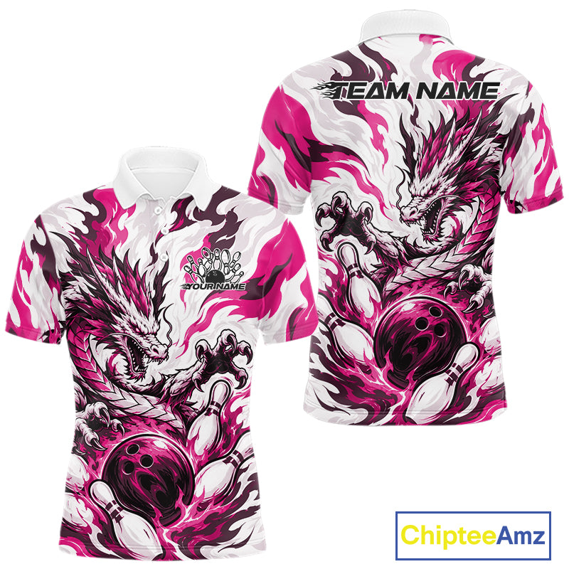 White bowling polo with hot pink, gray, and black flame-like swirls, a dragon graphic, bowling pins, a bowling ball, and custom name text
