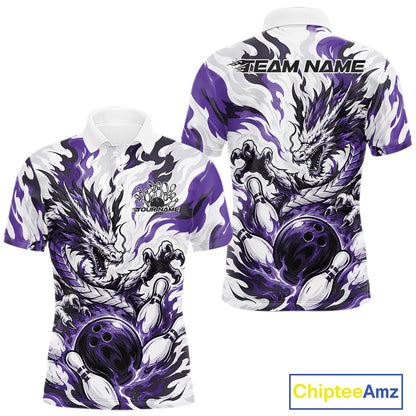 White bowling polo with purple, gray, and black flame-like swirls, a dragon graphic, bowling pins, a bowling ball, and custom name text
