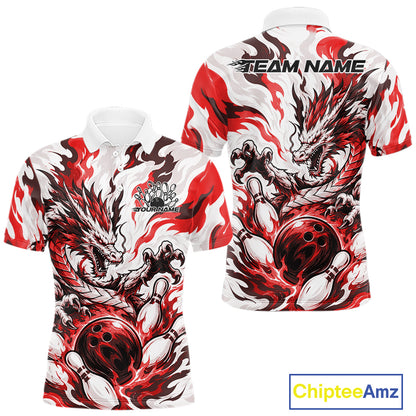 White bowling polo with red, gray, and black flame-like swirls, a dragon graphic, bowling pins, a bowling ball, and custom name text

