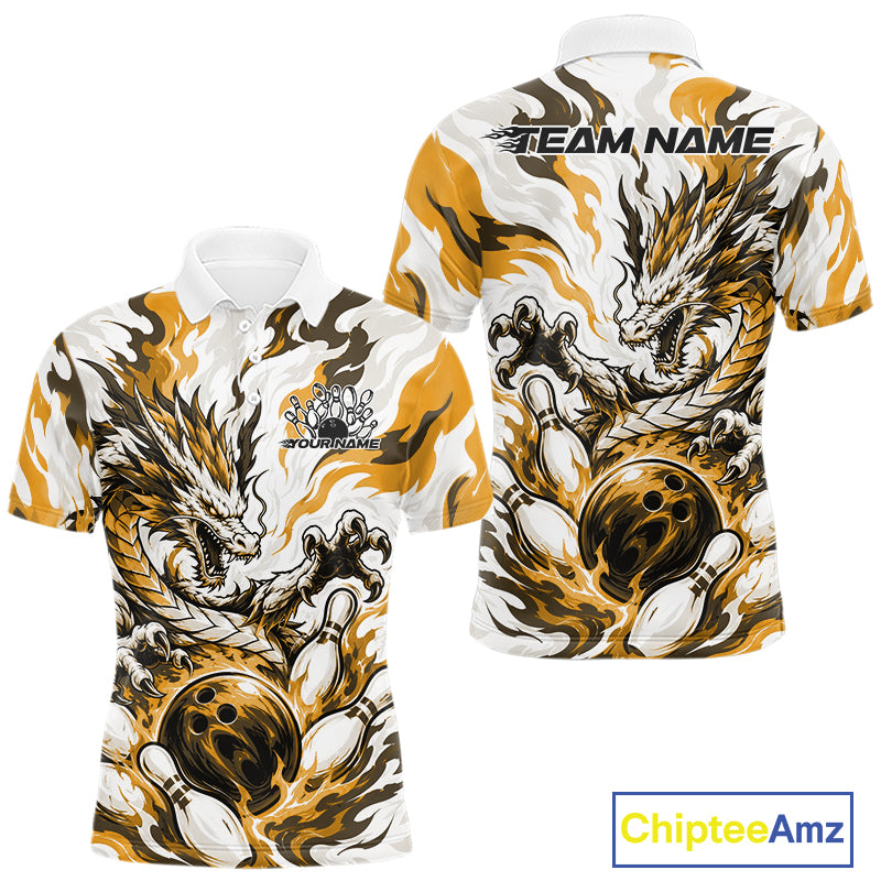 White bowling polo with gold, gray, and black flame-like swirls, a dragon graphic, bowling pins, a bowling ball, and custom name text
