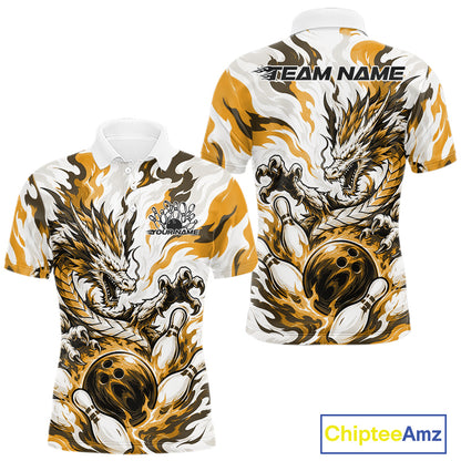 White bowling polo with gold, gray, and black flame-like swirls, a dragon graphic, bowling pins, a bowling ball, and custom name text
