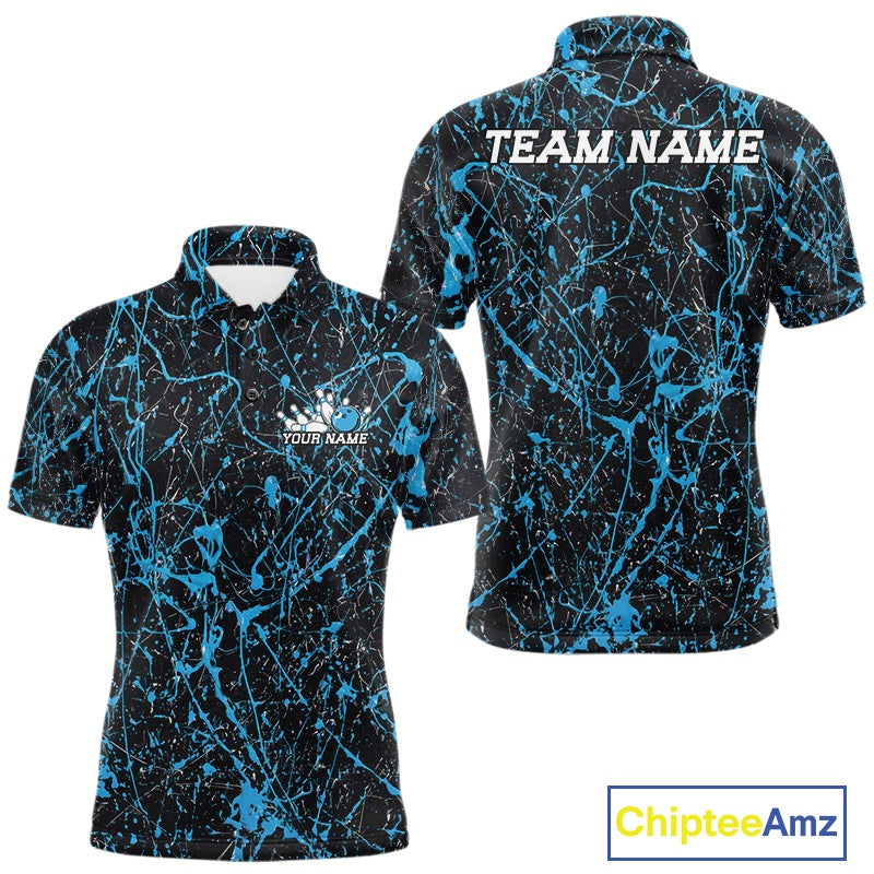 Custom black and electric blue splatter polo shirt mockup shown from front and back, featuring personalized â€œYour Nameâ€ text on the chest, large â€œTEAM NAMEâ€ lettering across the back