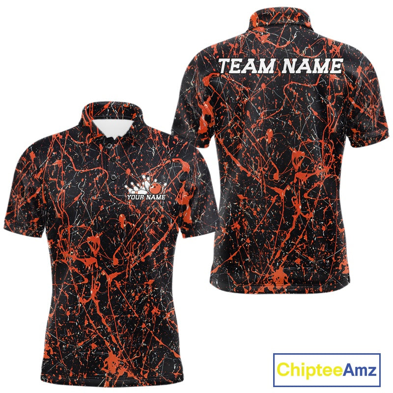 Custom black and orange paint splatter polo shirt mockup shown from front and back, featuring personalized â€œYour Nameâ€ text on the chest, large â€œTEAM NAMEâ€ lettering across the back