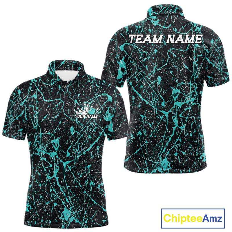 Custom black and teal paint splatter polo shirt mockup shown from front and back, featuring personalized â€œYour Nameâ€ text on the chest, large â€œTEAM NAMEâ€ lettering across the back