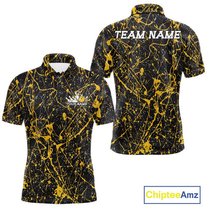 Custom black and yellow paint splatter polo shirt mockup shown from front and back, featuring personalized â€œYour Nameâ€ text on the chest, large â€œTEAM NAMEâ€ lettering across the back