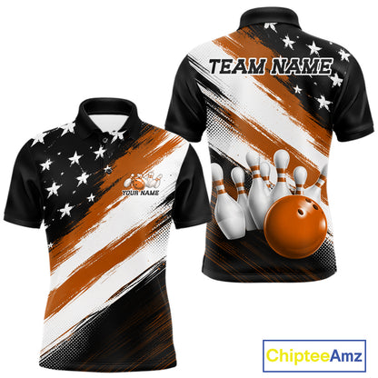 Custom patriotic orange thin line american flag bowling jersey polo with customisable name