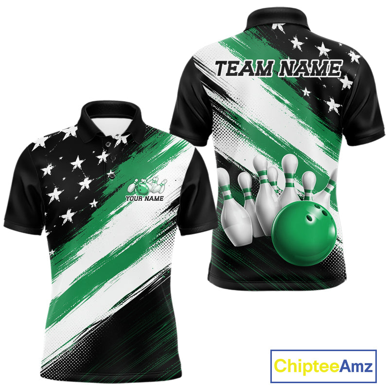 Custom patriotic green thin line american flag bowling jersey polo with customisable name