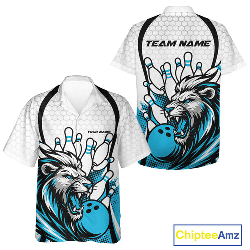 Custom Blue Lion Bowling Men And Women Hawaiian Shirt, Lion Bowling Team League Shirt IPHW10125
