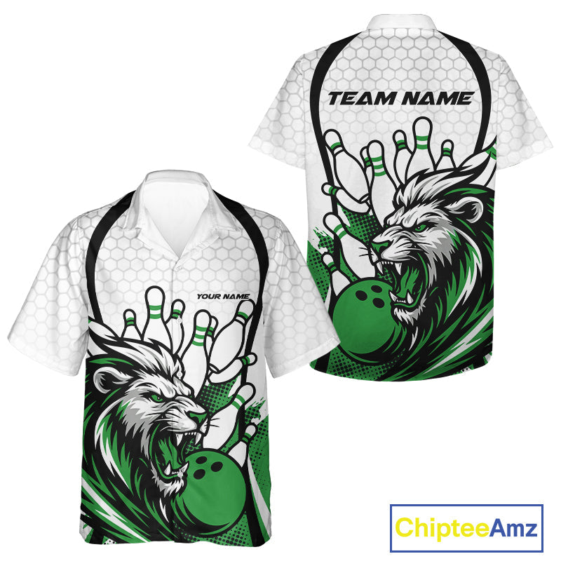 Custom Green Lion Bowling Men And Women Hawaiian Shirt, Lion Bowling Team League Shirt IPHW10127