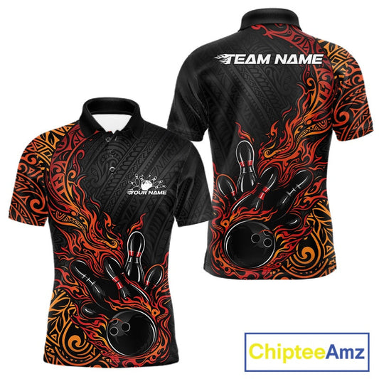 Custom Black And Red Orange Tribal Flame Bowling Ball Bowling Team Shirts, Polynesian Bowling Tournament Shirt IPHW10501