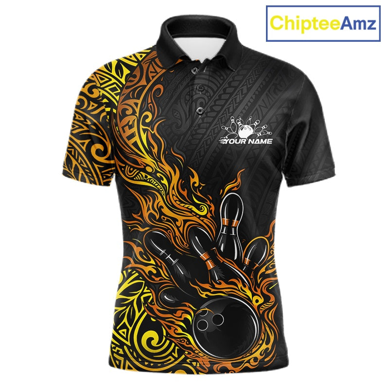 Custom Black And Gold Tribal Flame Bowling Ball Bowling Team Shirts, Polynesian Bowling Tournament Shirt IPHW10503
