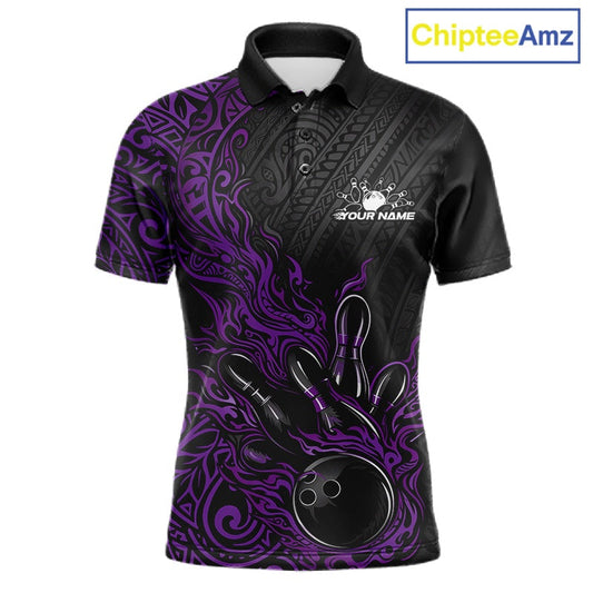 Custom Black And Purple Tribal Flame Bowling Ball Bowling Team Shirts, Polynesian Bowling Tournament Shirt IPHW10505