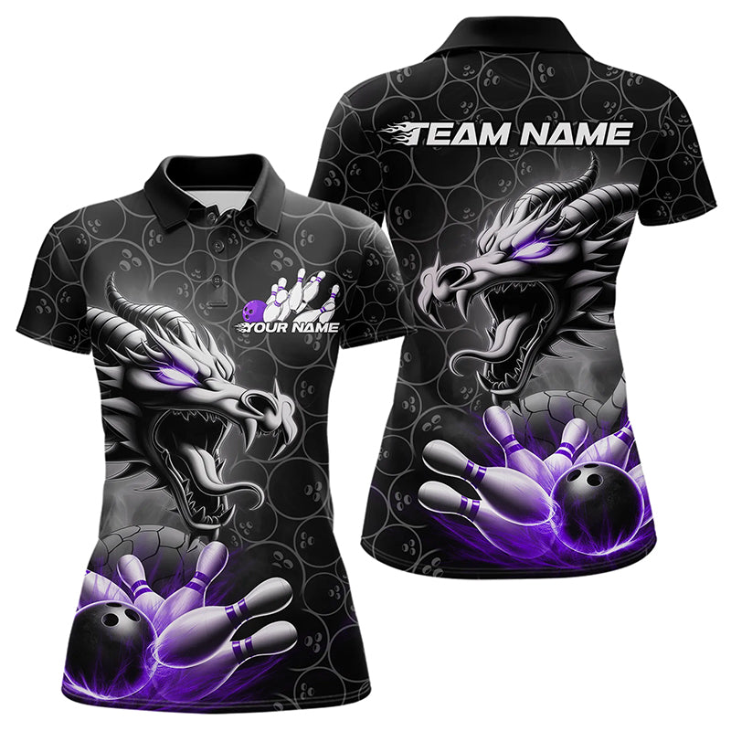 Custom Black And Purple Dragon Bowling Women Polo Shirts, Bowling Pattern Dragon Bowler IPHW8917