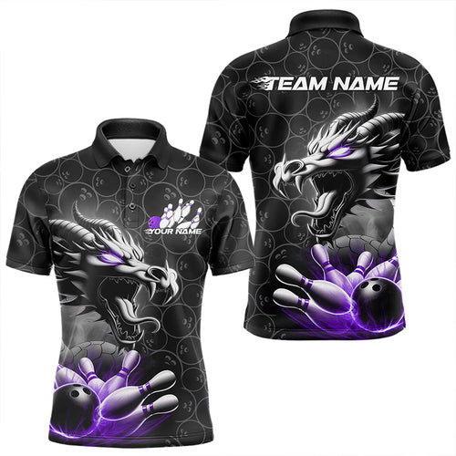 Custom Black And Purple Dragon Bowling Men Polo Shirts, Bowling Pattern Dragon Bowler Outfit IPHW8917