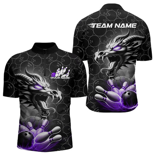 Custom Black And Purple Dragon Bowling Men Quarter-Zip Shirts, Bowling Pattern Dragon Bowler Outfit IPHW8917