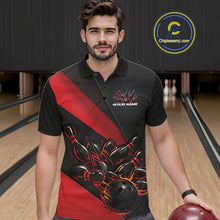 Load image into Gallery viewer, Male model seen from the front in a bowling lane wearing a black and red polo shirt featuring a flame bowling ball striking pins in a dynamic sports action scene.