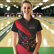 Load image into Gallery viewer, Female model front view in bowling lane wearing black and red polo shirt with flaming bowling ball hitting pins in powerful sports motion scene.