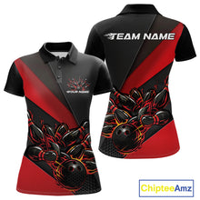 Load image into Gallery viewer, Front and back mockup of women’s black and red polo shirt featuring flame bowling ball striking pins in high-energy athletic apparel design.