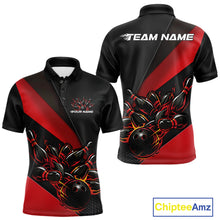 Load image into Gallery viewer, Front and back view mockup of a men’s black and red polo shirt featuring a flame bowling ball striking pins in a bold sports apparel design.