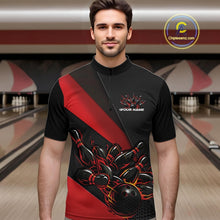 Load image into Gallery viewer, Male model at the bowling lane wearing a black and red quarter zip shirt, showcasing a flaming bowling ball knocking down pins in a powerful sports action scene.