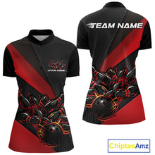 Load image into Gallery viewer, Womens quarter zip bowling shirt mockup, black and red version with fiery bowling ball knocking down pins bold graphics