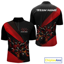 Load image into Gallery viewer, Front and back view mockup of a black and red men’s quarter zip shirt featuring a flame bowling ball hitting pins in a high-energy bowling strike illustration.
